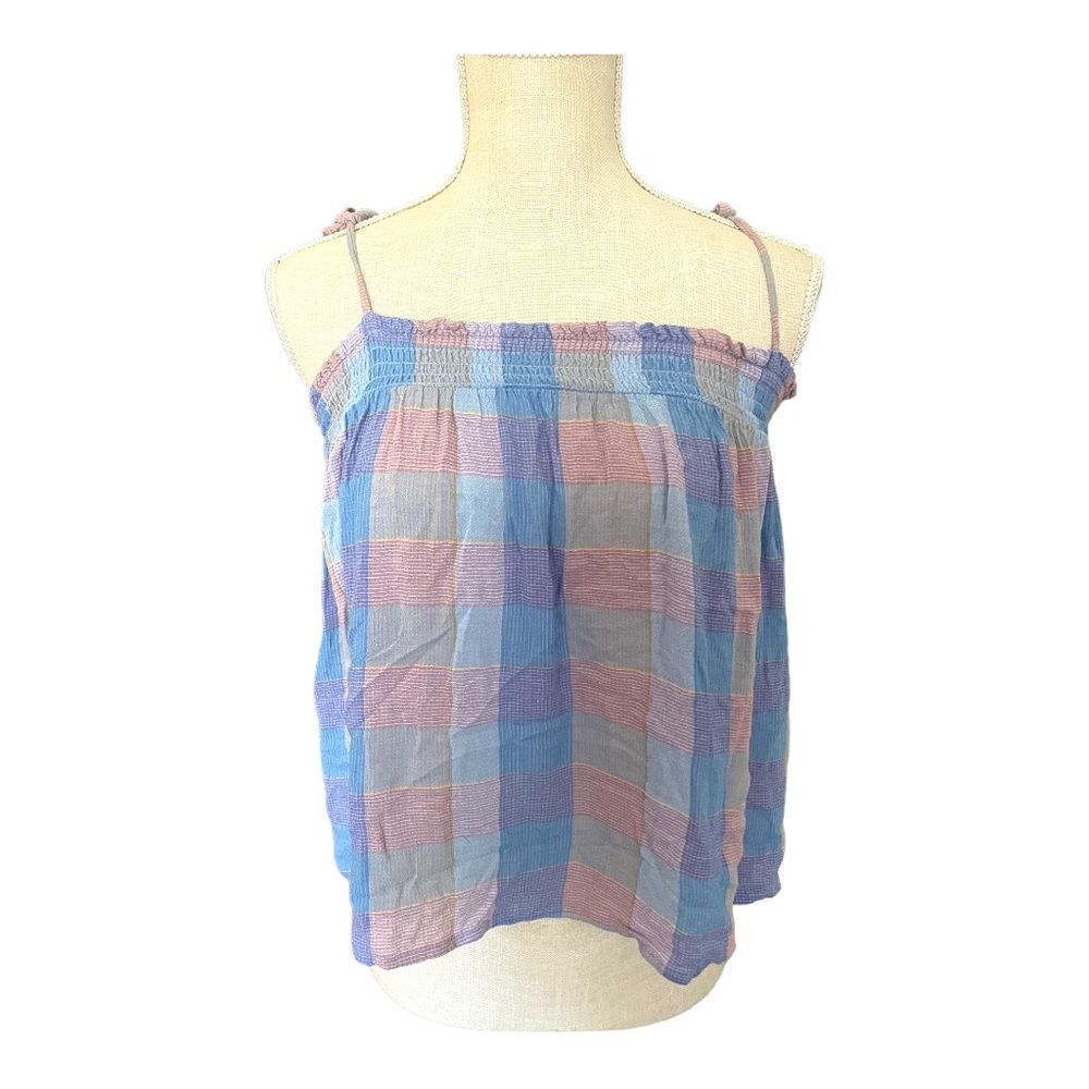 Loft | EUC Women’s Loft XS Pink Blue Plaid Smocked Tie Shoulder Cami Tank Top